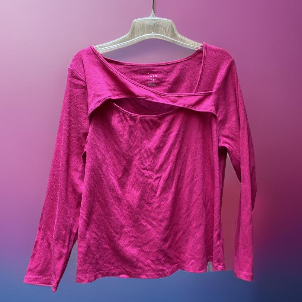 “A New Day” hot pink slim fit 3/4 length sleeve shirt with Strappy neckline